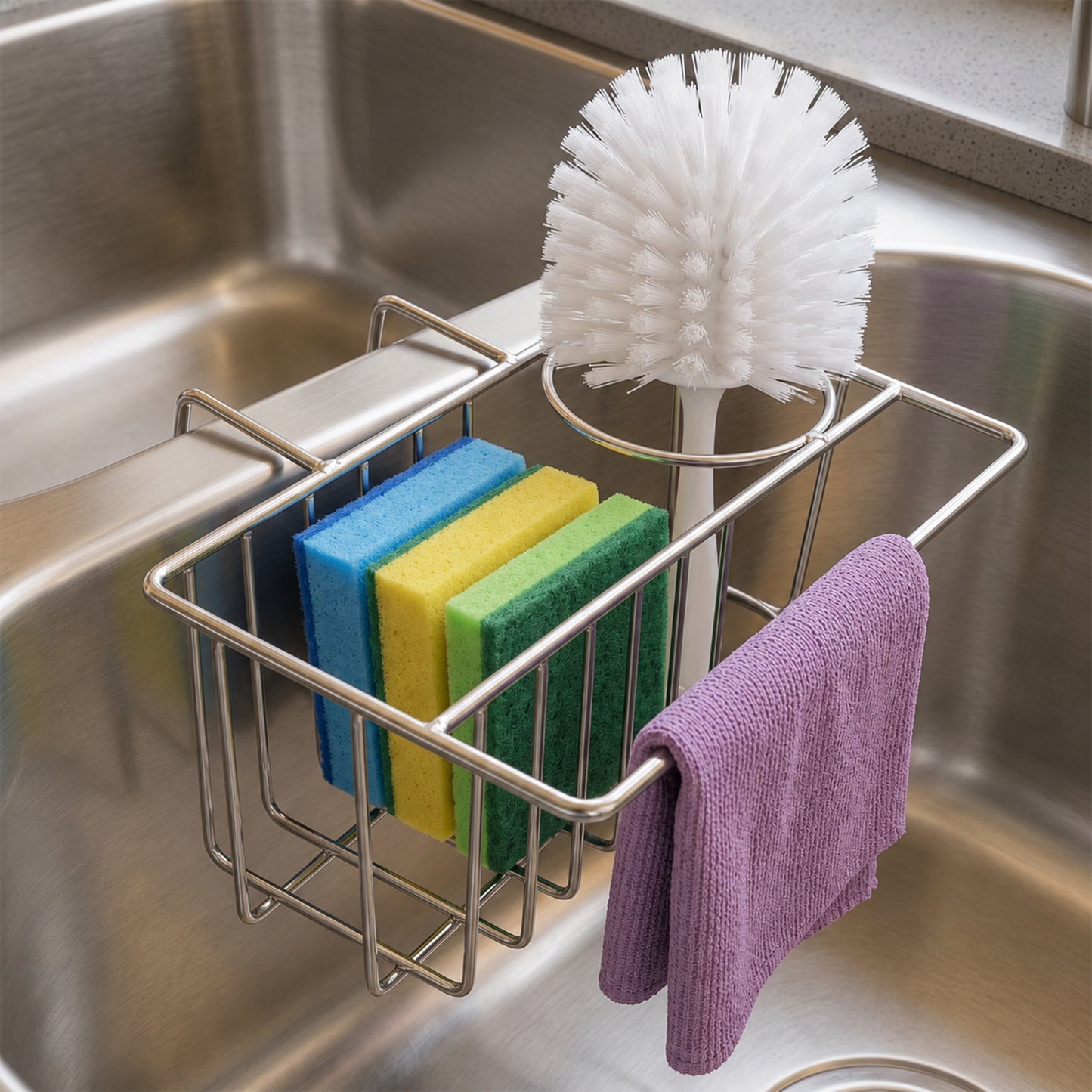 Riousery Compact Kitchen Sink Caddy, Hanging Sponge Holder for Double Sink Divider, 6.7 x 4.0 x 2.9 in Stainless Steel Mini Sink Organizer with Brush Holder and Dishcloth Bar