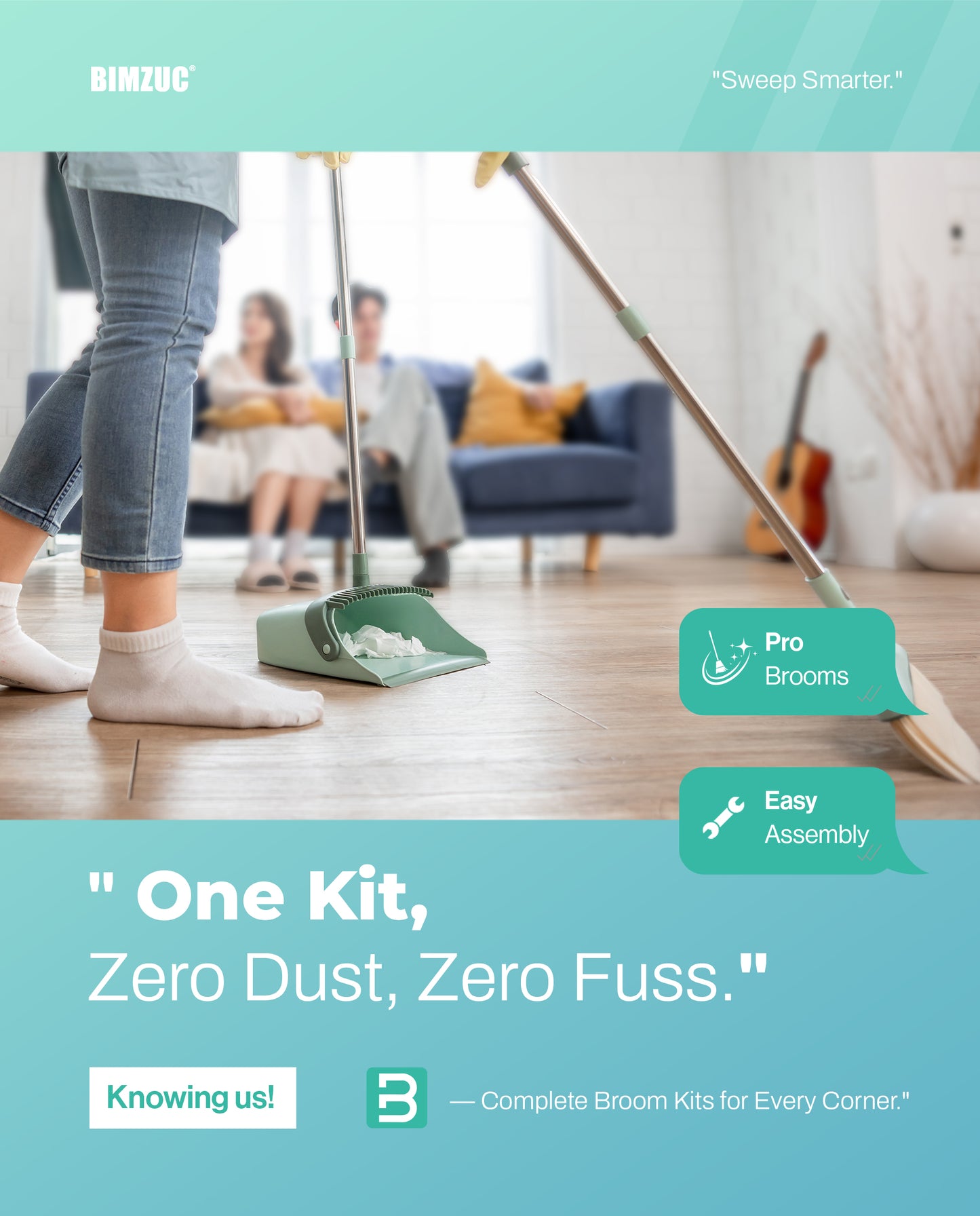 BIMZUC Broom and Dustpan Set for Home, Dustpan & Broom W/Comb, 51" Long Handle, Cyan Cleaning Tools