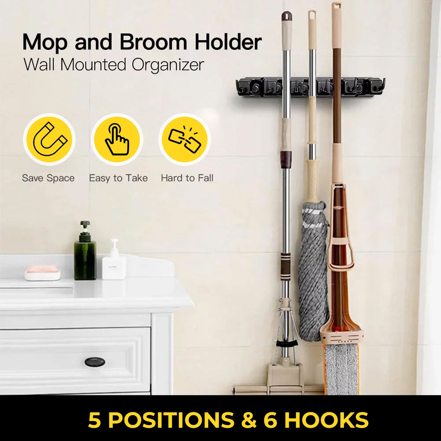 BIMZUC Wall Mount Broom Holder, 5-Position Plastic Organizer with Hooks, for Home and Garden Cleaning Tools