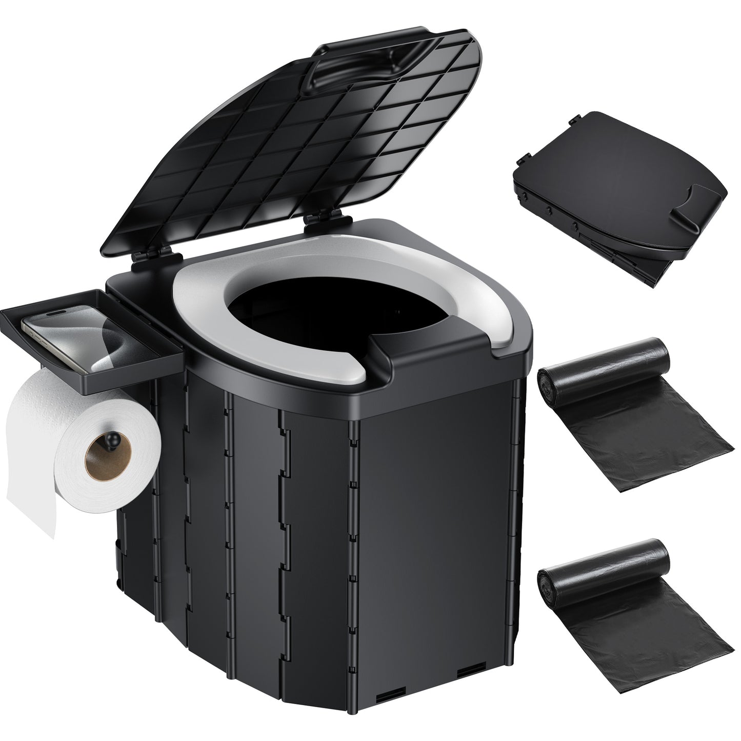 OHHANI Outdoor Portable Toilet, Car-Mounted Portable Toilet with Lid, Soft Pad, Tissue Holder, Portable Storage Bag, Foldable, Suitable for Camping, Beach, Hiking, and Car Use.