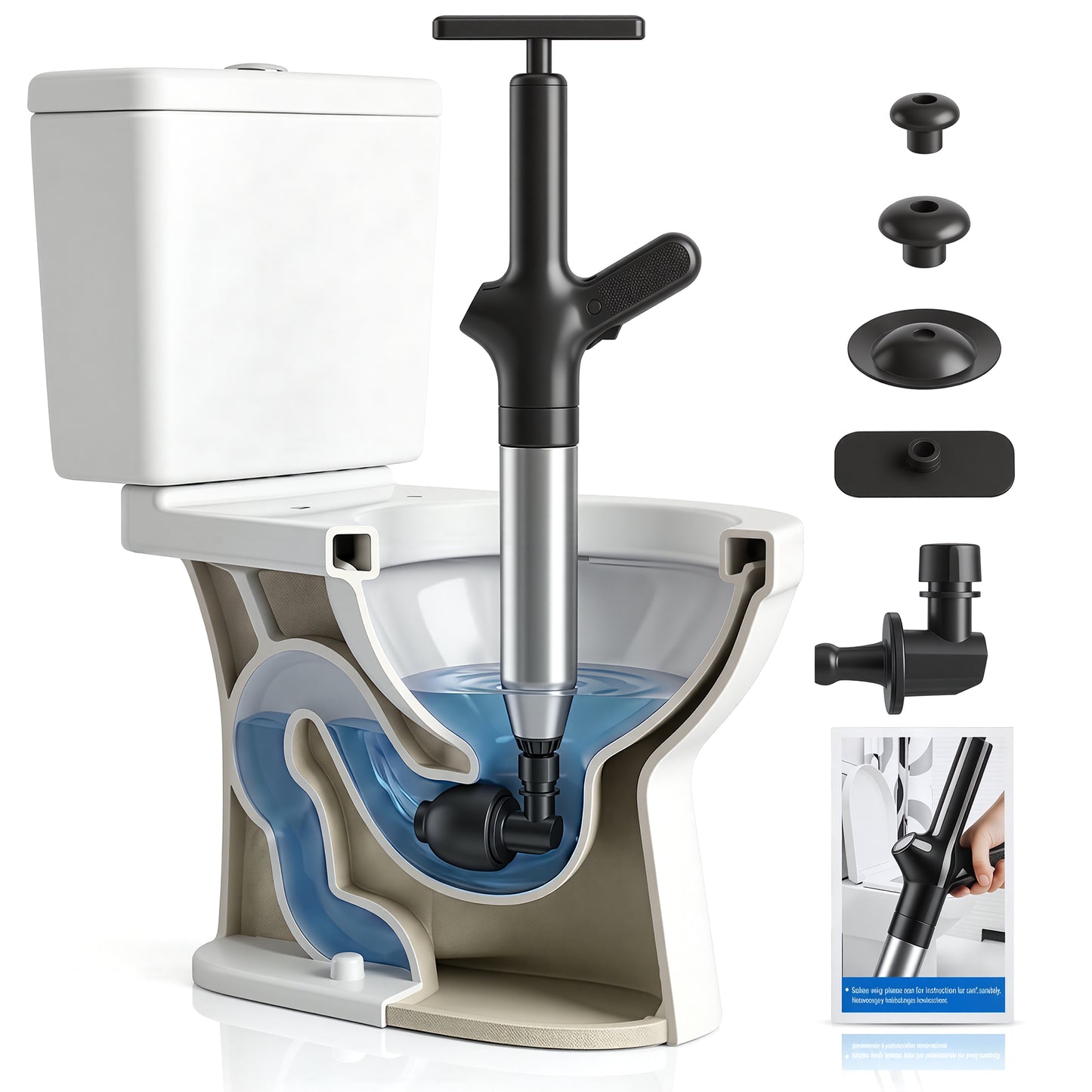 LZSDS Power Air Plunger for Toilet Heavy Duty, Visible Pressure Gauge Drain Unclogger with 4 Heads Splash Free
