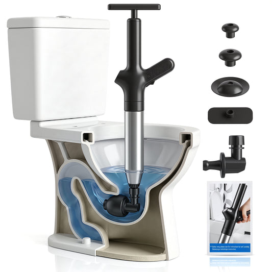 LZSDS Power Air Plunger for Toilet Heavy Duty, Visible Pressure Gauge Drain Unclogger with 4 Heads Splash Free