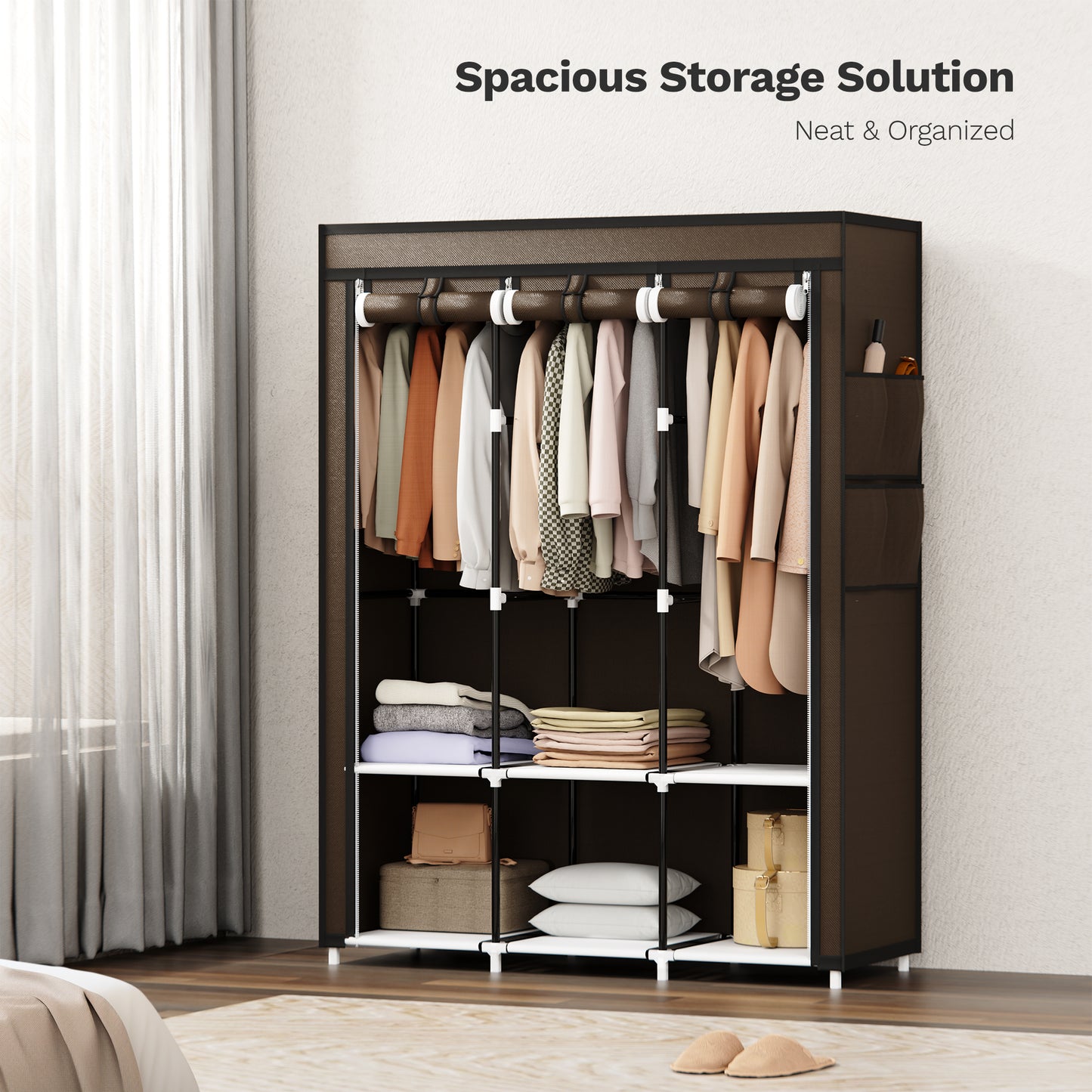 Riousery Portable Closet, 51 Inch Wardrobe Closet for Hanging Clothes 6 Storage Organizer Shelves, Brown