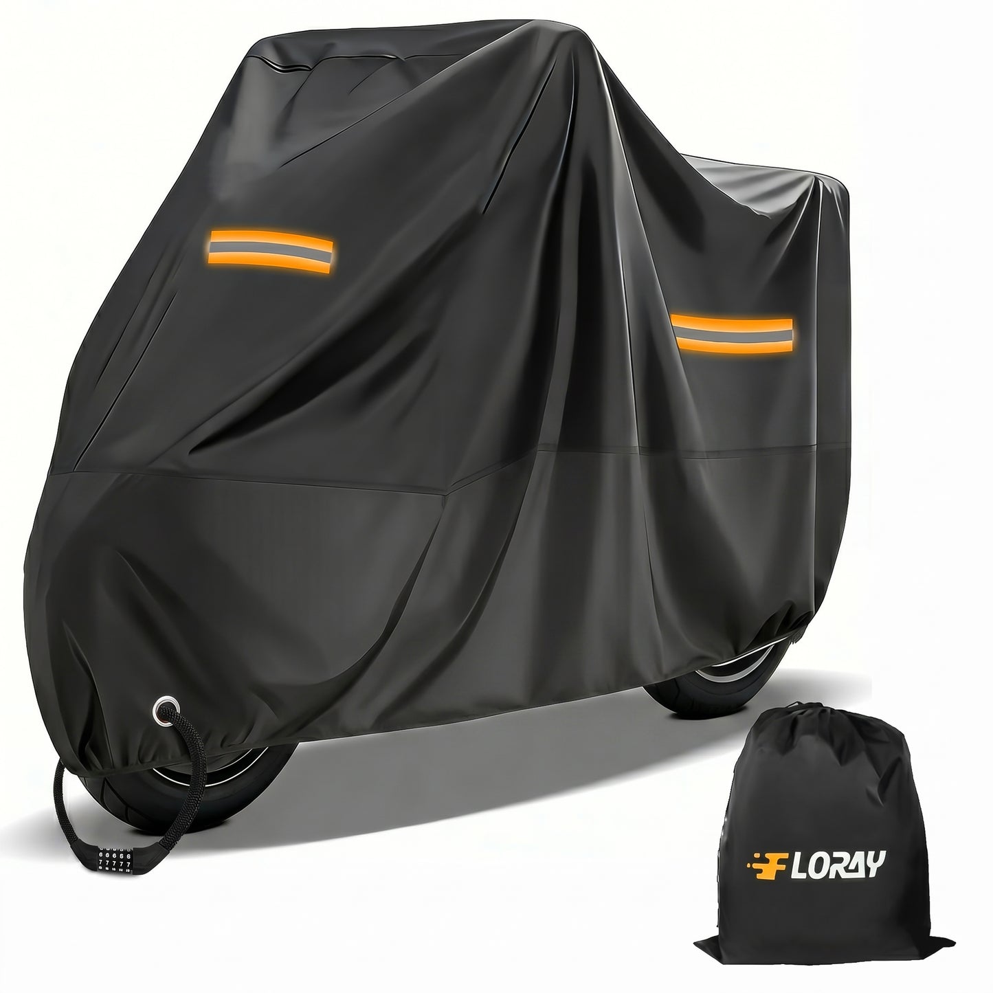 FLORAY Lightweight All-Season Motorcycle Cover, Waterproof Outdoor Protection with Reflective Strips and Windproof Buckles, 2XL, Black