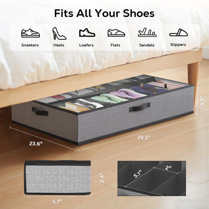 WEENEED 2-Pack Under Bed Shoe Storage Organizer, Fits 24 Pairs with Individual Dividers, Foldable Underbed Shoe Box for Closet