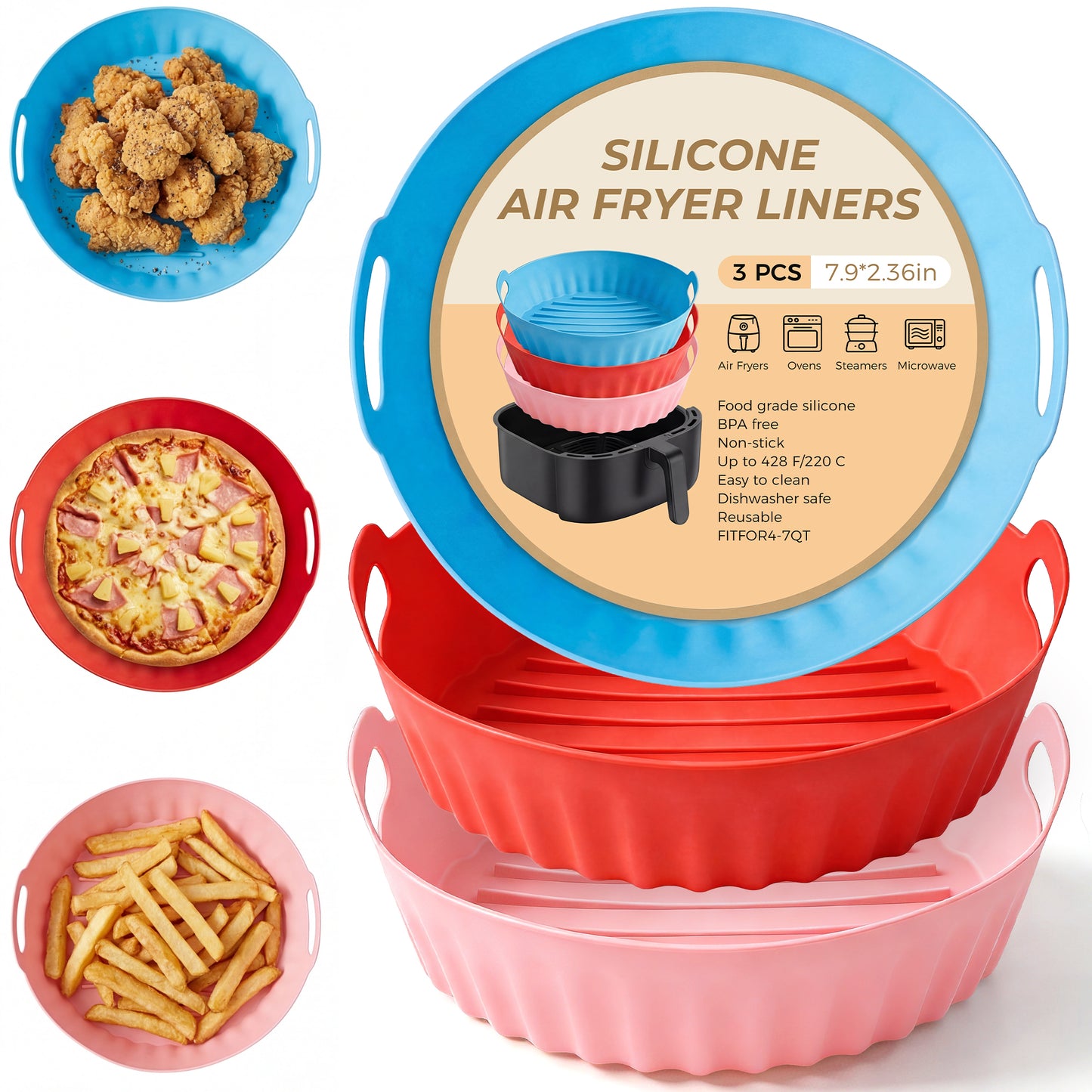 M Buder 3 Pack Silicone Air Fryer Liners 4-7 QT, Reusable Food Grade Basket Bowl, Replacement for Parchment Paper, Baking Tray Oven Accessories, Round Red&Blue&Pink (Top 7.9in, Bottom 6.7in)