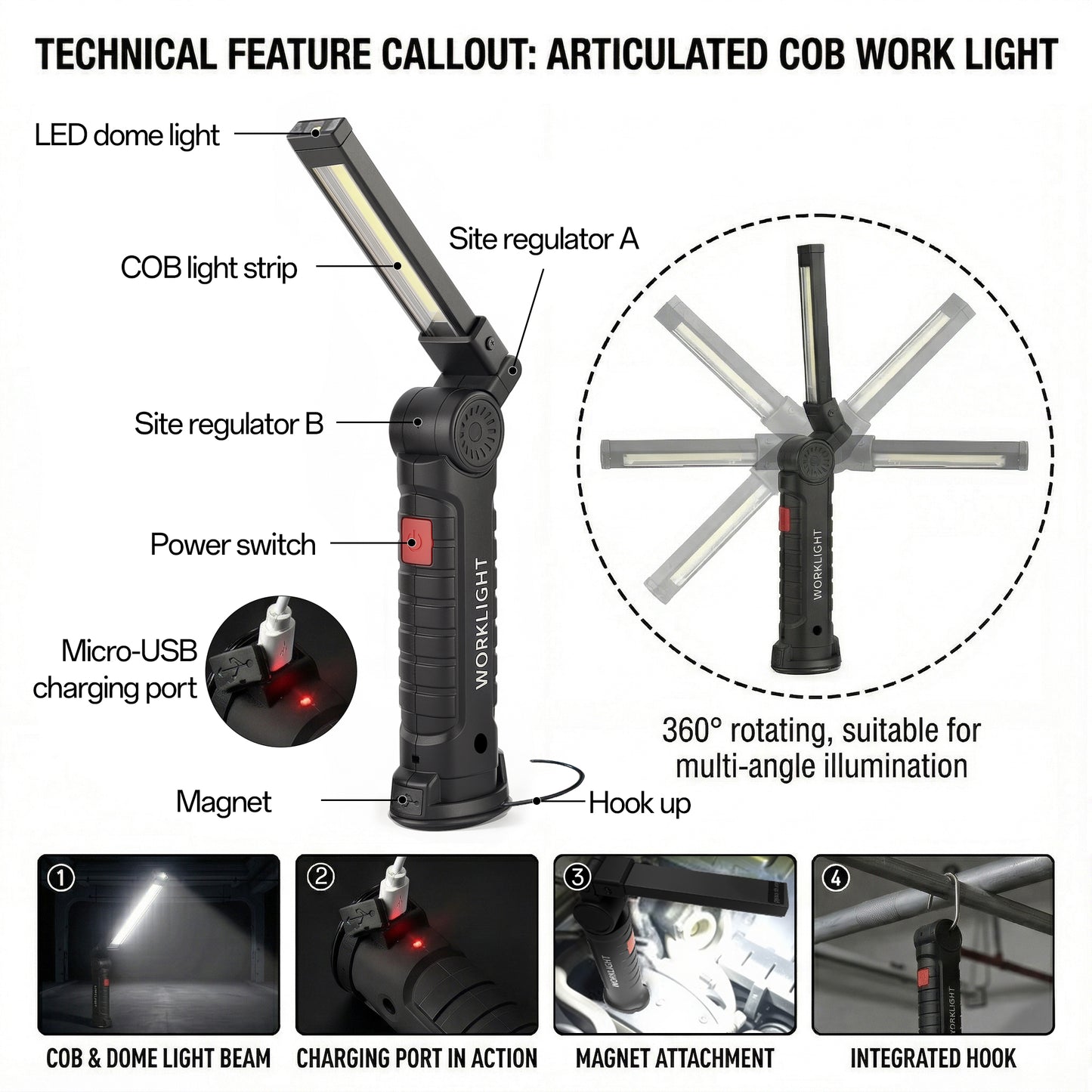AOLIGO LED Work Light 2 Pack, Rechargeable COB Flashlight with 5 Modes, Magnetic Base and Hook, 360° Rotate, Foldable Portable Waterproof Light for Workshop, Camping, Emergency