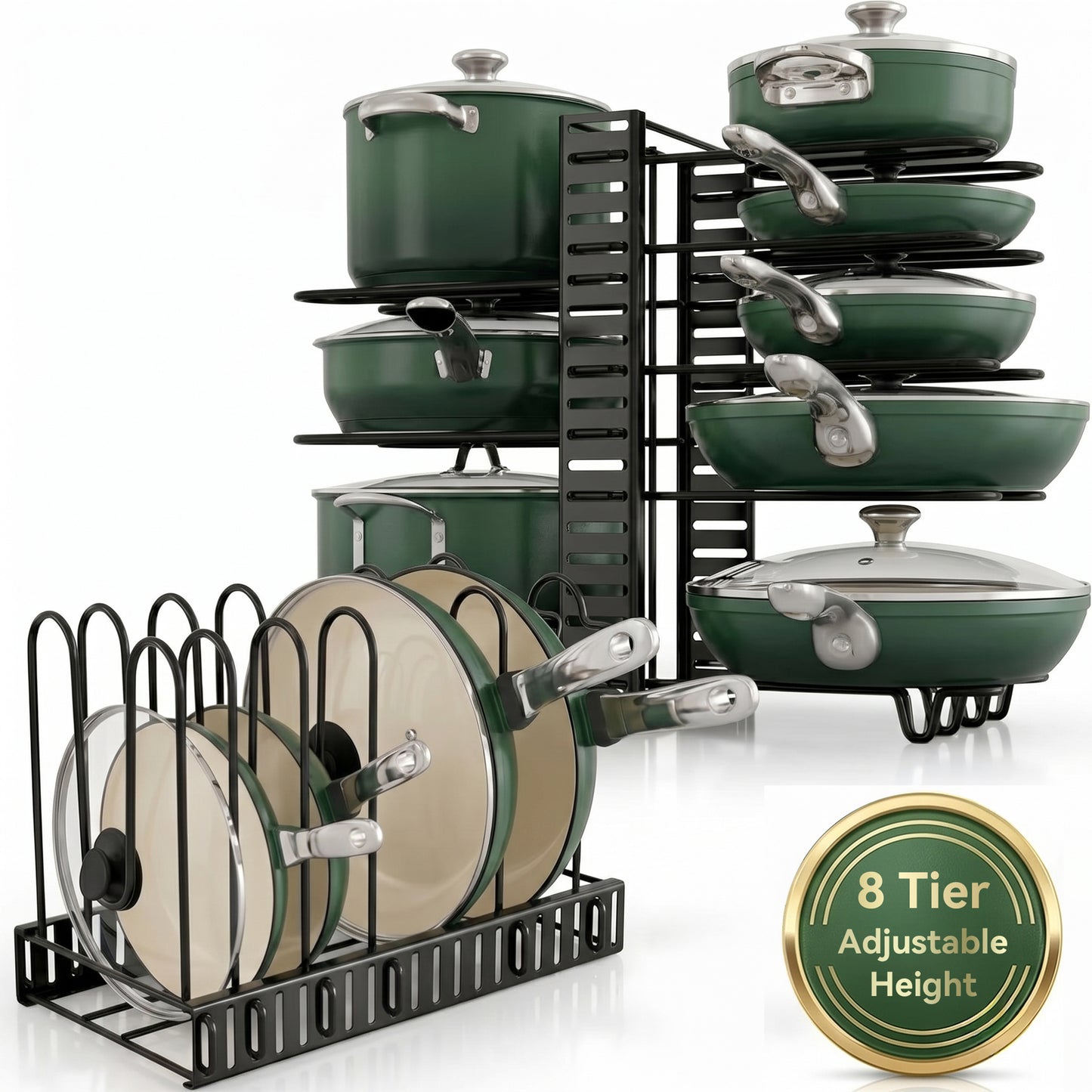 Riousery Pot and Pan Organizer Rack for Cabinet, 8-Tier Adjustable Cookware Organizer with Dividers, 3-Way Assembly, Tool-Free Setup, Non-Slip Storage for Pots, Pans, Lids and Bakeware