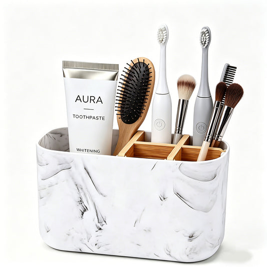 AOLIGO 5 Slot Toothbrush Holder for Bathroom, Electric Toothbrush Organizer with Removable Compartment,  Marble White