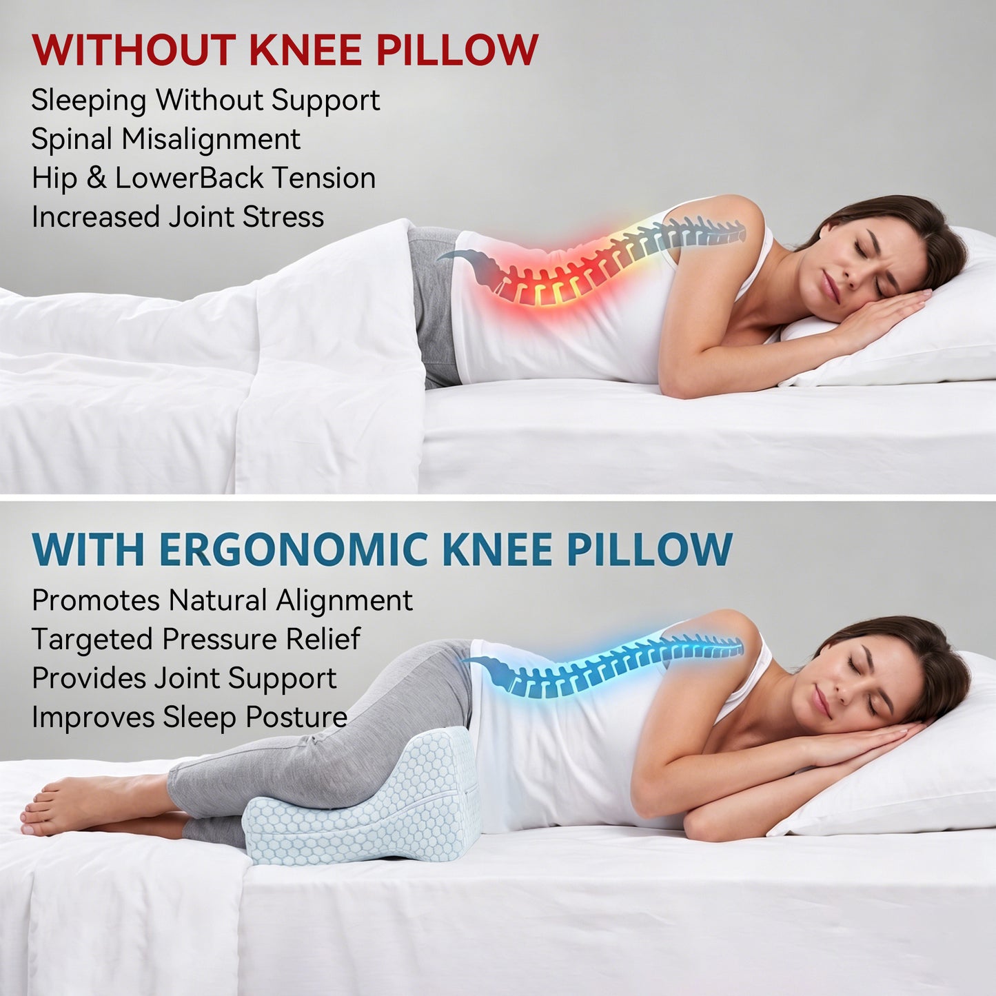Alylo Memory Foam Knee Pillow for Side Sleepers, Ergonomic Leg Cushion with Adjustable Strap for Hip & Back Support, White