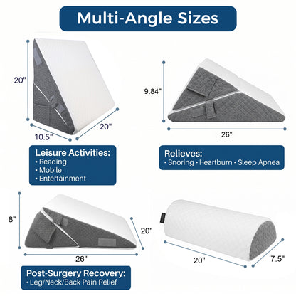 ALYLO Wedge Pillow 3-Piece Adjustable Set with Memory Foam Neck Cushion for After Surgery and Acid Reflux, Dark Grey and White
