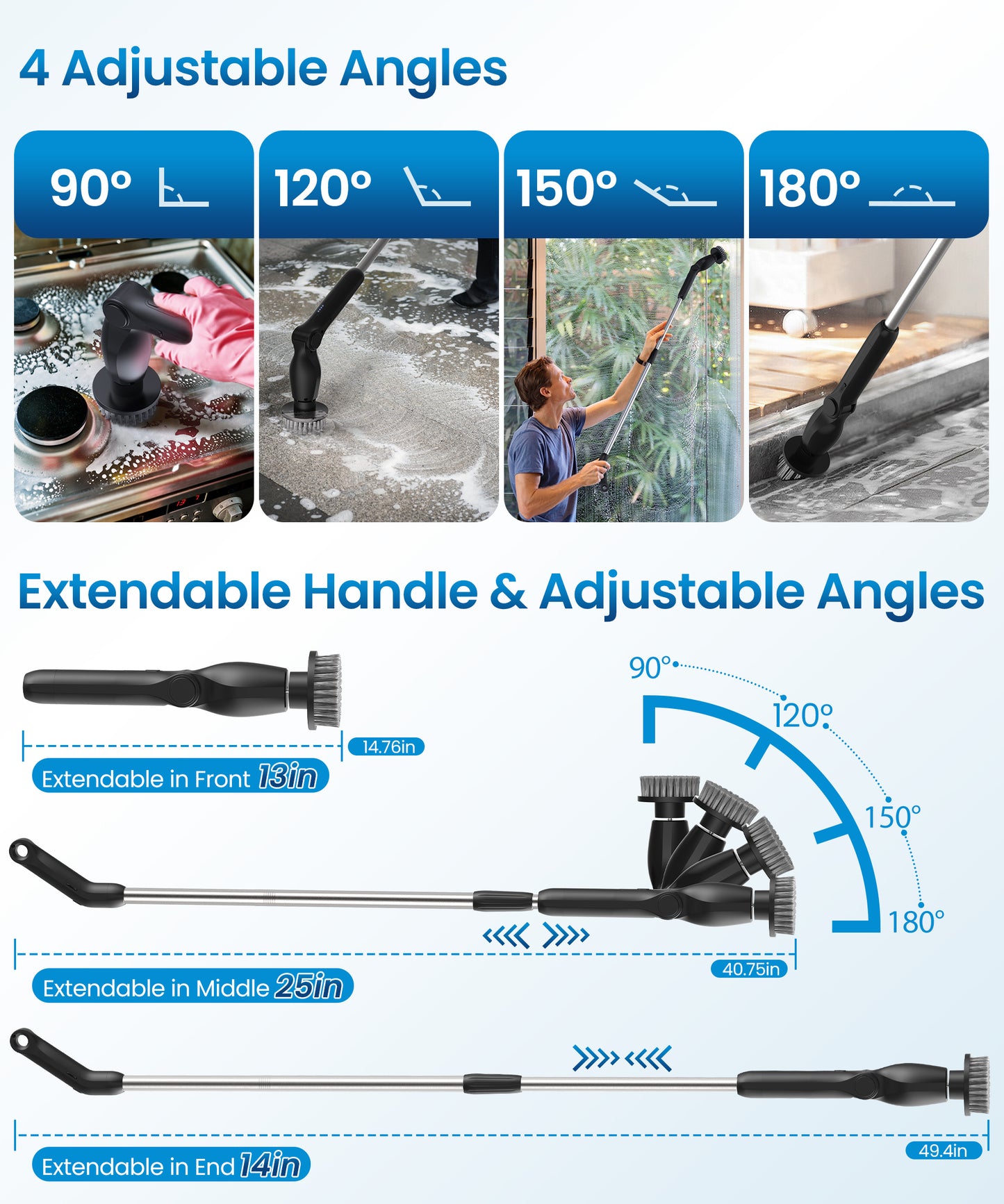 BIMZUC Electric Spin Scrubber, Cordless Cleaning Brush,8 Replaceable Heads, 4 Adjustable Angles, Extendable Handle, Black