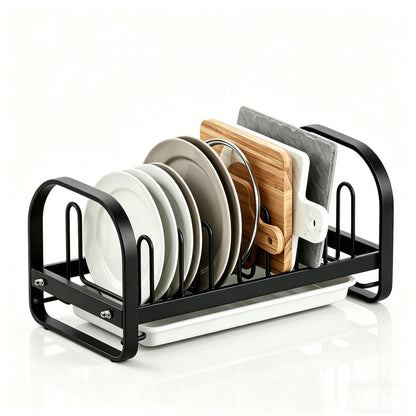 Riousery Dish Drying Rack with Drainboard, Compact Stainless Steel Dish Drainer for Small Kitchen Counter, 14.2" x 6.9" x 6.1", Black