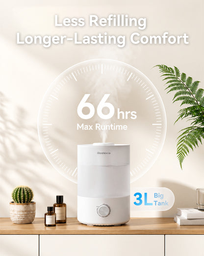 Reelexia 3L Cool Mist Humidifiers for Bedroom, Compact Tabletop Humidifier with Adjustable Mist, Night Light, Aroma Diffuser, Auto Shut-Off, White