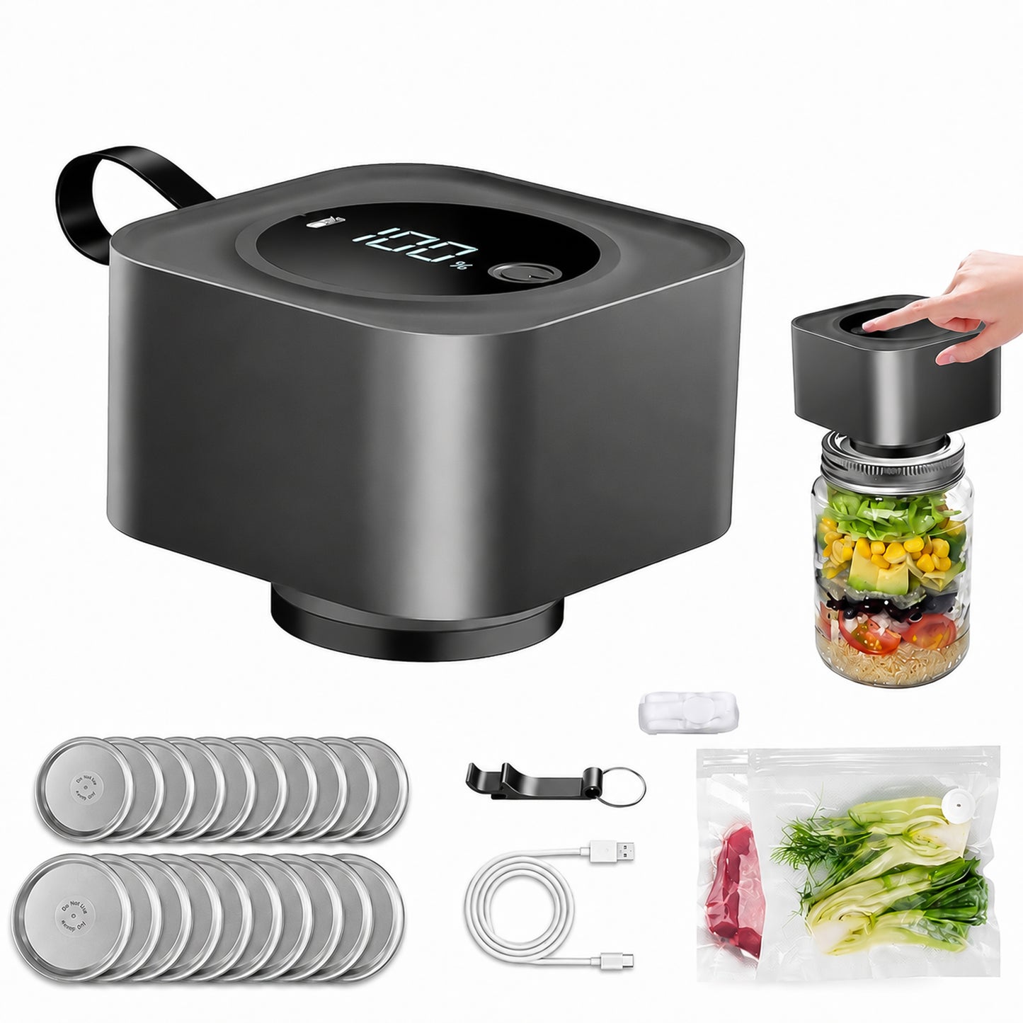 M Buder Electric Mason Jar Vacuum Sealer, Electric Mason Jar Vacuum Sealer Kit for Food Storage, Jar Sealer Machine with 10PCS Wide & Regular Mouth Mason Lids, 2PCS Storage Bags
