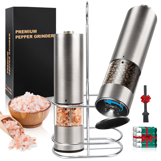 M Buder Electric Salt and Pepper Grinder Set, Automatic Battery Pepper Mill Shakers Adjustable Coarseness Easy Filling with Led, 2 Pack, Silver