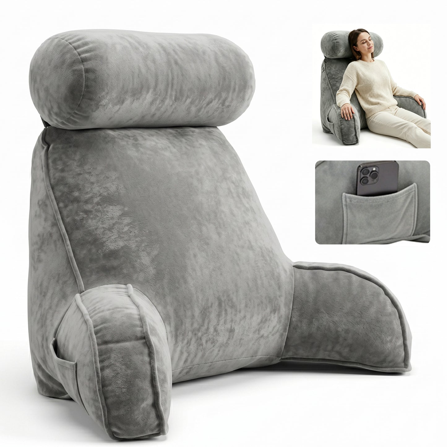 Riousery Reading Pillow with Arms and Semi-Round Neck Roll, Bed Rest Pillow for Sitting Up in Bed, Back Support Pillow with Phone Pocket for Reading, Watching TV and Gaming, Gray
