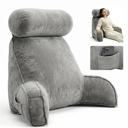 Riousery Reading Pillow with Arms and Semi-Round Neck Roll, Bed Rest Pillow for Sitting Up in Bed, Back Support Pillow with Phone Pocket for Reading, Watching TV and Gaming, Gray