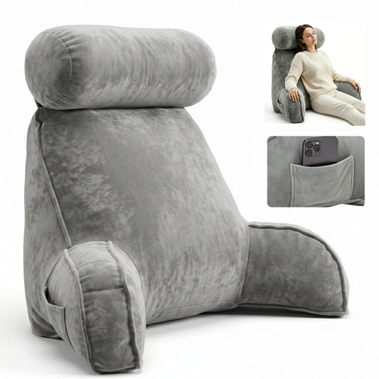 Riousery Reading Pillow with Arms and Semi-Round Neck Roll, Bed Rest Pillow for Sitting Up in Bed, Back Support Pillow with Phone Pocket for Reading, Watching TV and Gaming, Gray