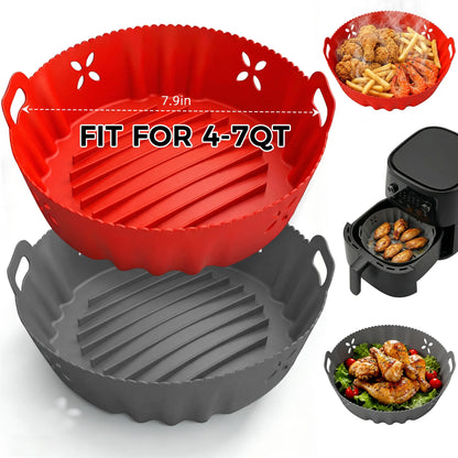 M Buder 2 Pack Silicone Air Fryer Liners with Side Holes, Round Reusable Basket Bowl Replacement for Parchment Paper, Fits 4-7 QT, Baking Tray Oven Accessories, Gray&Red (Top 7.9in, Bottom 6.7in)