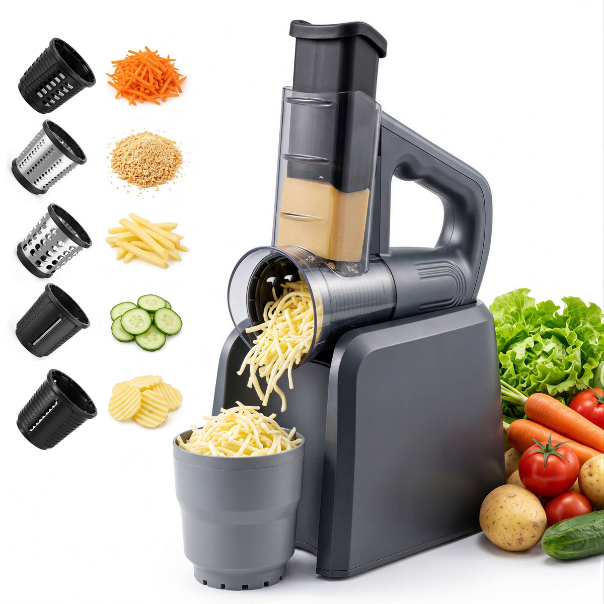 M Buder Electric Cheese Grater, 5 Blades Electric Grater for Home Kitchen, One-Touch Control Electric Cheese Shredder , Mandoline Slicer, Battery Digital Display, Gray