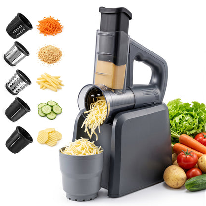 M Buder Electric Cheese Grater, 5 Blades Electric Grater for Home Kitchen, One-Touch Control Electric Cheese Shredder , Mandoline Slicer, Battery Digital Display, Gray