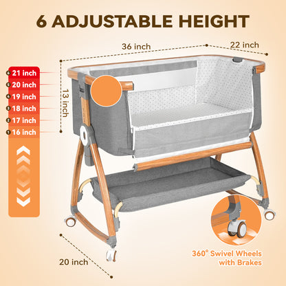 RUPOUN Bassinet Bedside Sleeper, Portable Baby Crib with 6 Adjustable Heights and Breathable Mesh Panels, Foldable, Gray