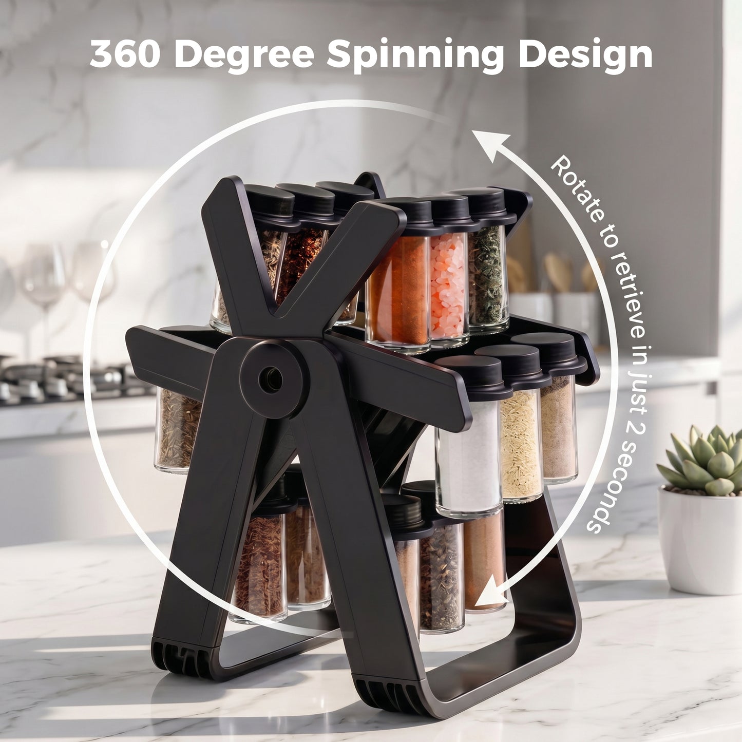 Alylo 360° Revolving Countertop Seasoning Holder and Cabinet Spice Rack Organizer, 18 Glass Jars, Black