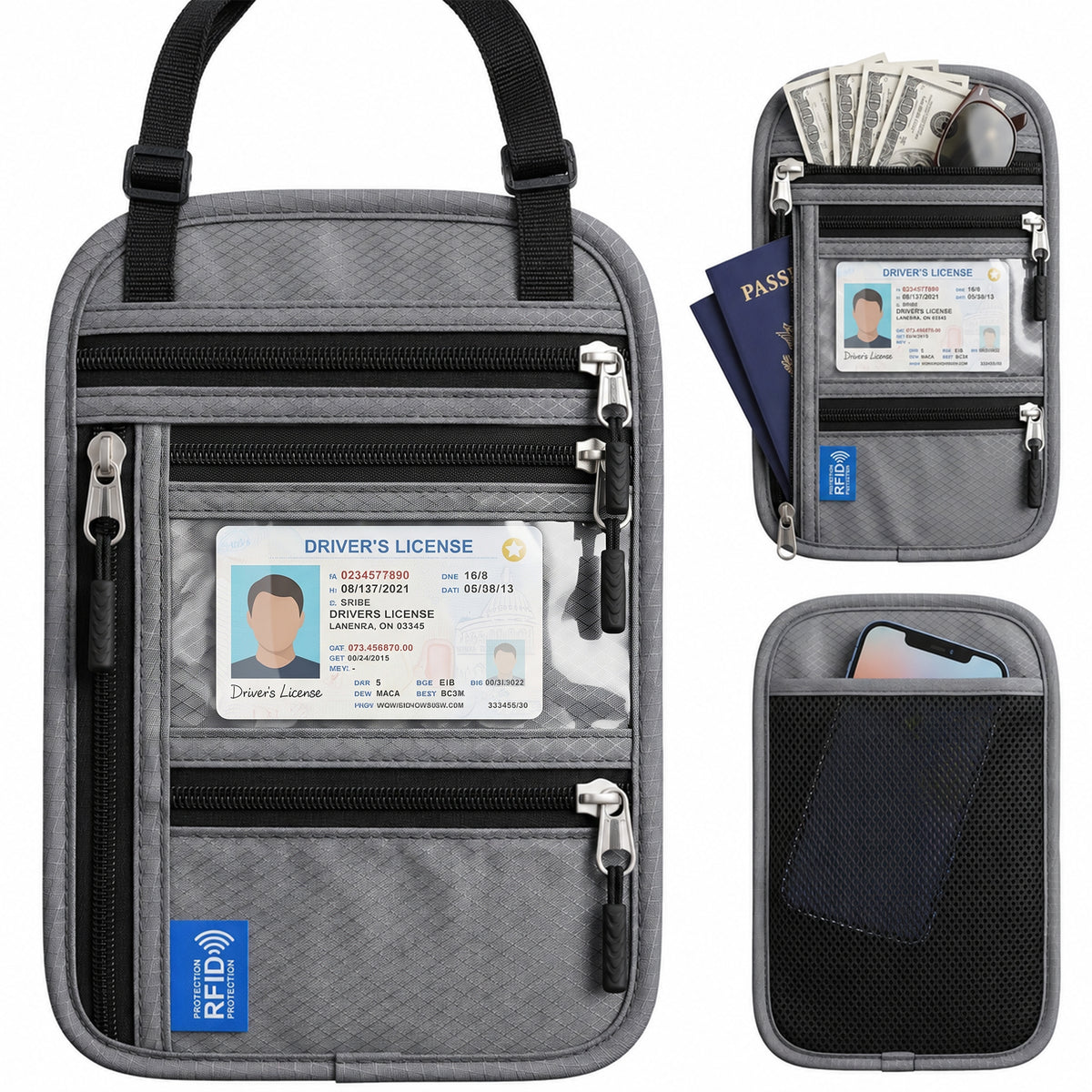 Riousery RFID Passport Holder Neck Wallet, Waterproof Nylon Travel Wallet with ID Window, Zipper Pockets and Adjustable Strap for Women and Men, Light Gray