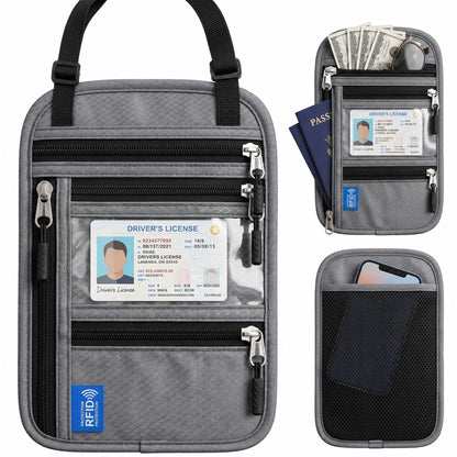 Riousery RFID Passport Holder Neck Wallet, Waterproof Nylon Travel Wallet with ID Window, Zipper Pockets and Adjustable Strap for Women and Men, Light Gray