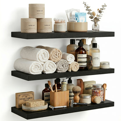 Riousery Floating Wall Shelves, Set of 3, 15.7" x 5.9" x 0.6", Black MDF Wood Wall Mounted Shelves for Bedroom, Bathroom, Living Room, Kitchen Storage & Display