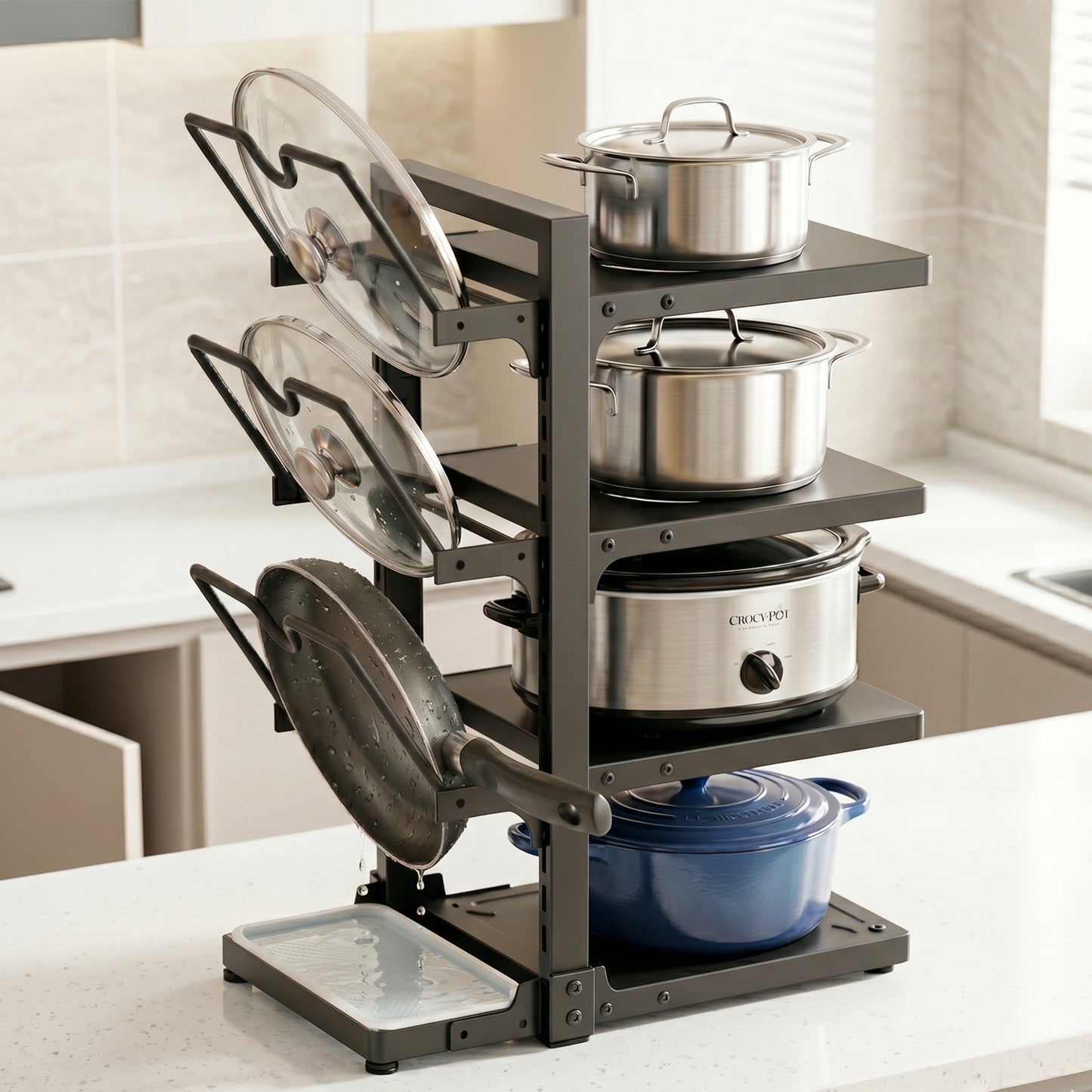 Riousery Pots and Pans Organizer, 7-Tier Adjustable Pan Rack with Lid Holder and Drip Tray, 220Lb Heavy Duty Metal Cookware Organizer for Kitchen Countertop & Cabinet, Black