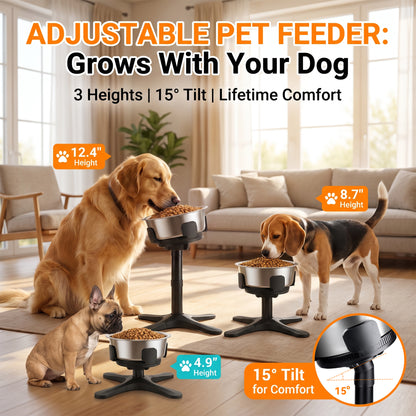 Tolobeve Adjustable Elevated Dog Bowl Stand with Tilted Design for Medium & Large Dogs,Black