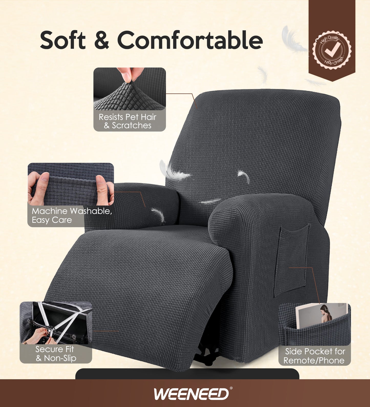 WEENEED Recliner Chair Cover, Stretch Polyester One-Piece Slipcover with Side Pocket, Universal Fit Sofa Protector for Pets and Home Décor, Dark Gray