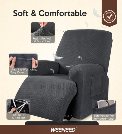 WEENEED Recliner Chair Cover, Stretch Polyester One-Piece Slipcover with Side Pocket, Universal Fit Sofa Protector for Pets and Home Décor, Dark Gray