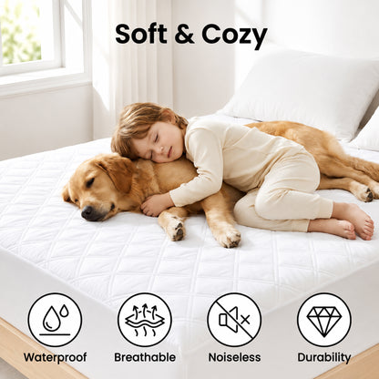 ALYLO Queen Waterproof Mattress Protector, 4-Layer Brushed Fabric Quilted Bed Pad with Noiseless TPU Membrane, Soft Breathable Cover, Fits 8"-22" Deep Pocket