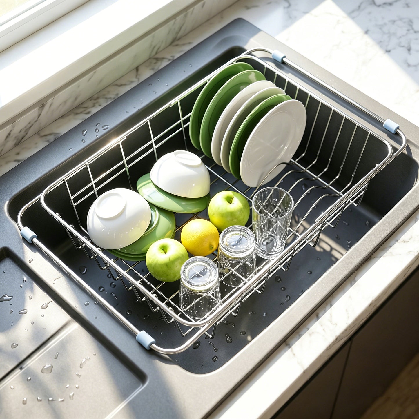 Riousery Dish Drying Rack, Stainless Steel Expandable Over Sink Dish Rack, Adjustable Dish Drainer for Kitchen Sink or Countertop, Space-Saving Design, 11.8"–16.5"
