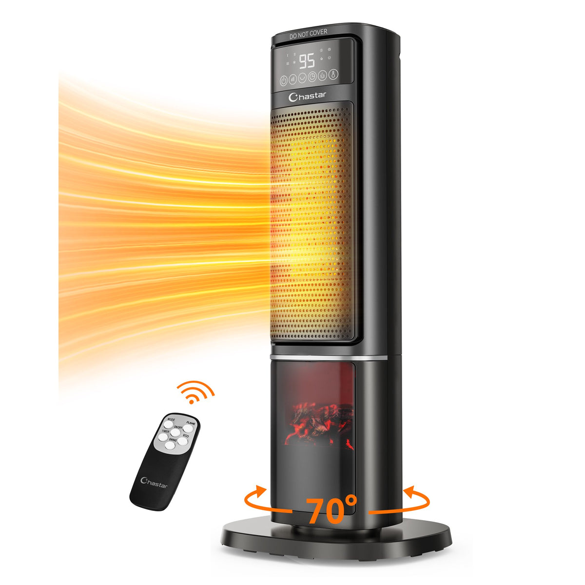 Chastar 24 inch Space Heater with Flame Effect, 1500W Oscillating Ceramic Heater with Thermostat, PTC Heater for Indoor, 12H Timer & Remote, for Office, Bedroom, Living Room, New