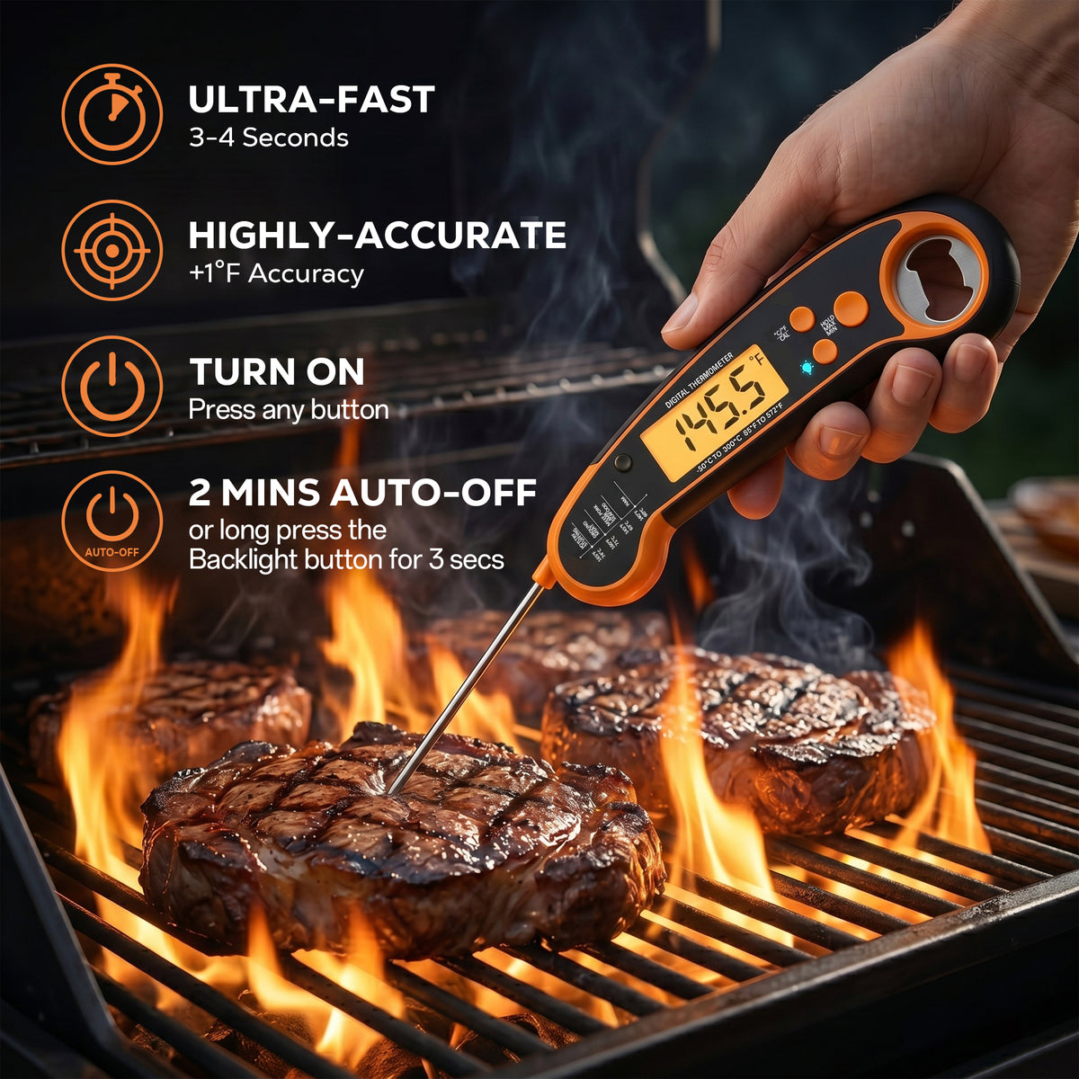 M Buder Digital Meat Thermometer, Waterproof Instant Read Food Thermometer for Cooking Grilling, Air Fryer, Professional Thermometer Gift for Men, Dad, Mom, Orange