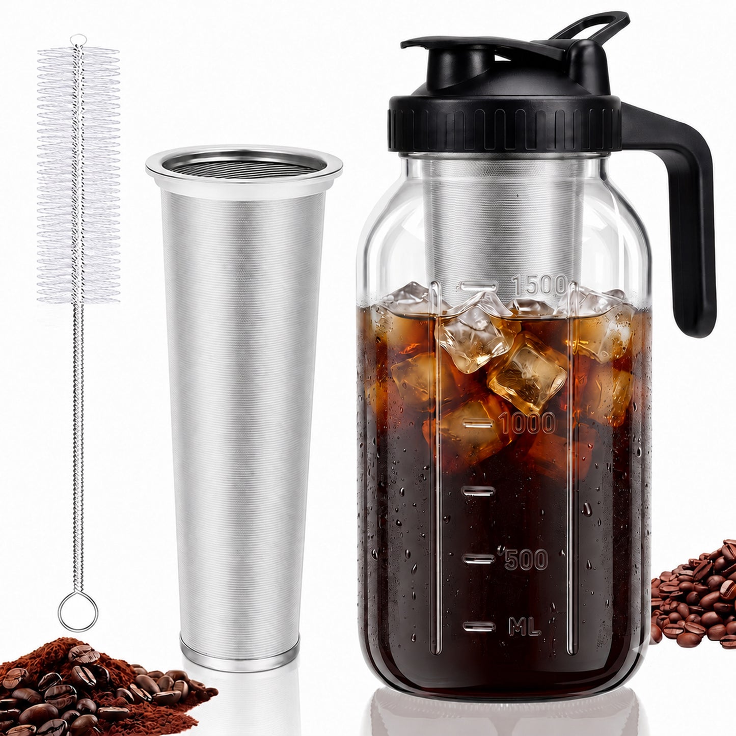 M Buder Cold Brew Coffee Maker, 64 oz Iced Coffee Maker with Stainless Steel Filter, Lid and Spout, No Leaks Mason Brew Jar Pitche for Iced Coffee, Tea