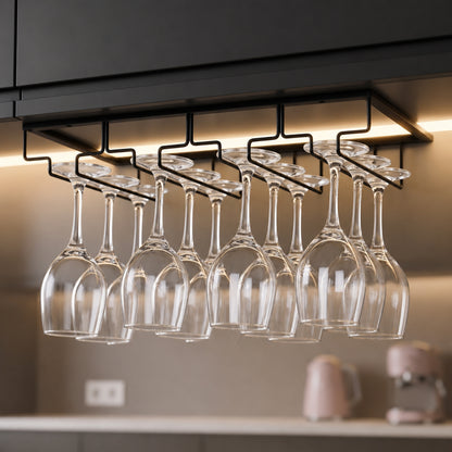 Riousery 4-Row Under Cabinet Wine Glass Rack, Metal Stemware Holder, Hanging Storage for Up to 12 Wine Glasses, Black