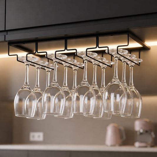 Riousery 4-Row Under Cabinet Wine Glass Rack, Metal Stemware Holder, Hanging Storage for Up to 12 Wine Glasses, Black