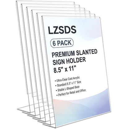 LZSDS Acrylic Sign Holder 8.5 x 11 in 6 Pack, Clear Slant Back Display Stand for Office Restaurant Store Trade Show