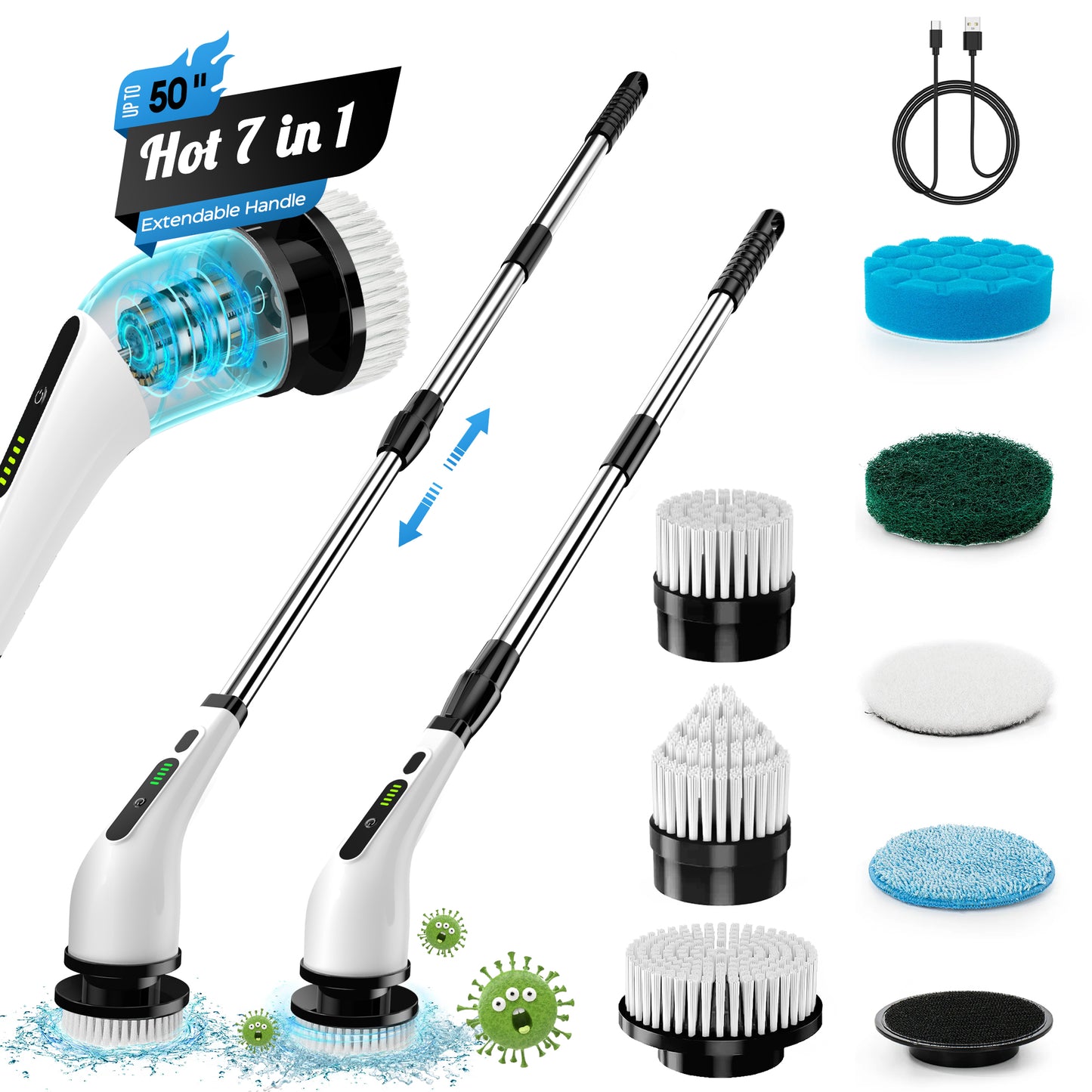 BIMZUC Electric Spin Scrubber, Cordless Cleaning Brush, 7 Replaceable Heads, Extendable Handle, White