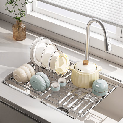 Riousery Over the Sink Dish Drying Rack Set, Expandable Stainless Steel Dish Rack, 2-Piece Adjustable Sink Drying Rack with Plate Holder & Flat Rack, 16-20 in