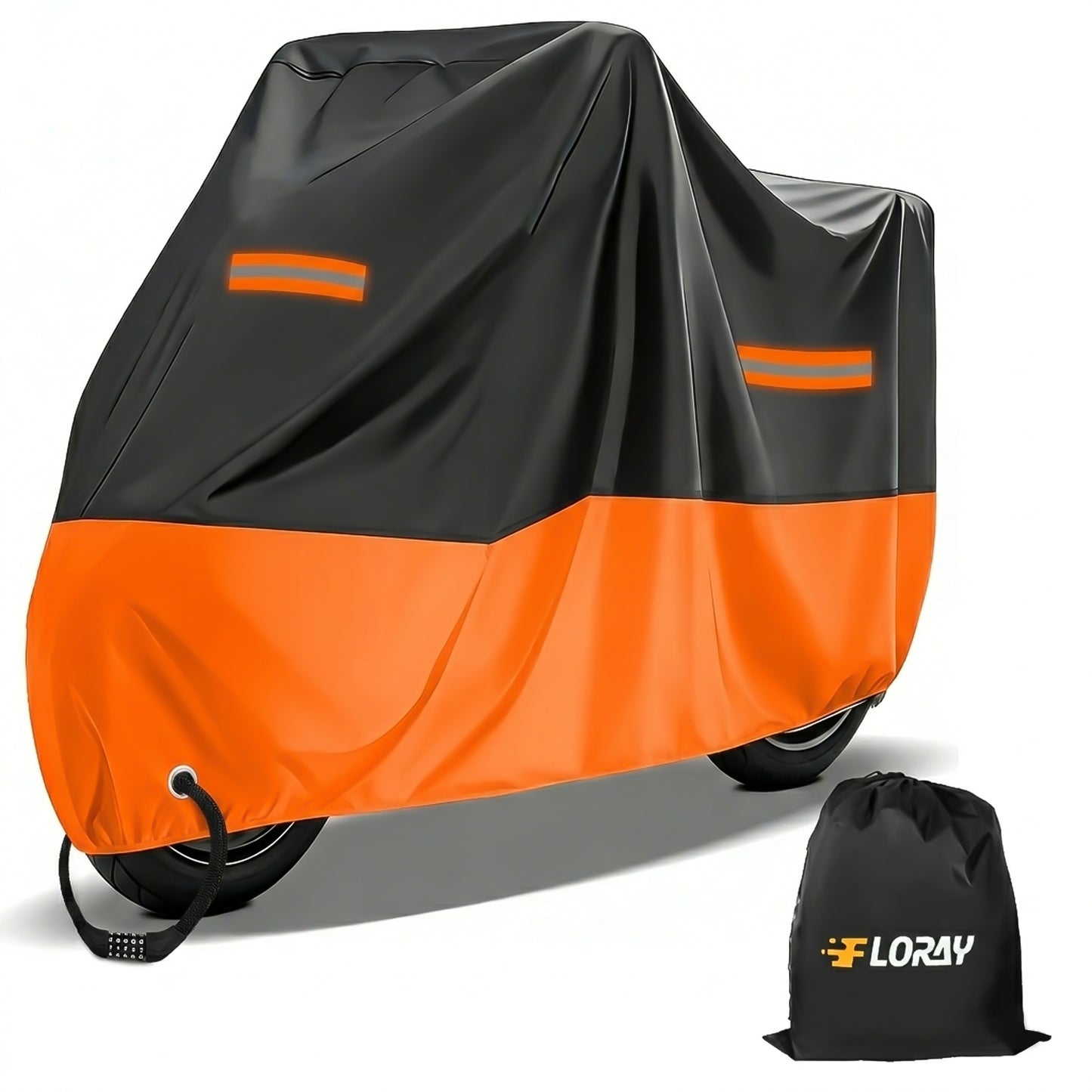 FLORAY Lightweight All-Season Motorcycle Cover, Waterproof Outdoor Protection with Reflective Strips and Windproof Buckles, 2XL, Orange