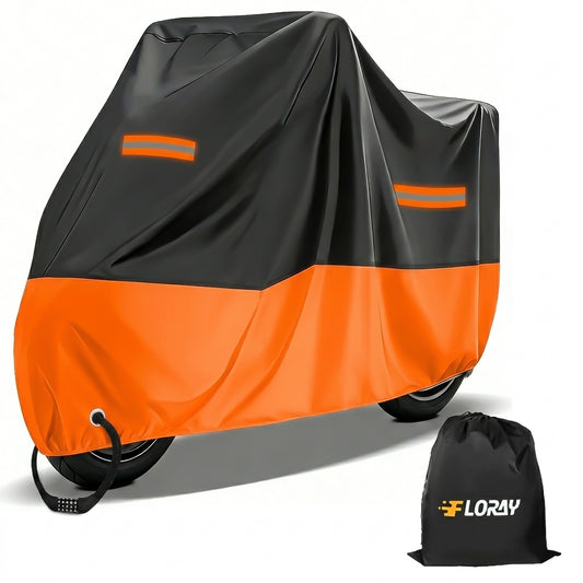FLORAY Lightweight All-Season Motorcycle Cover, Waterproof Outdoor Protection with Reflective Strips and Windproof Buckles, 2XL, Orange