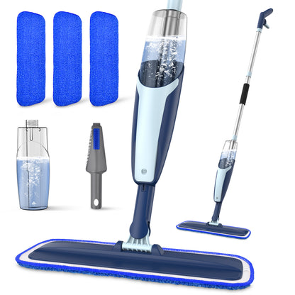 BIMZUC Spray Mop for Floor Cleaning Wet, with 14 oz Refillable Bottle and 3 Washable Microfiber Pads Home or Commercial Use, Blue