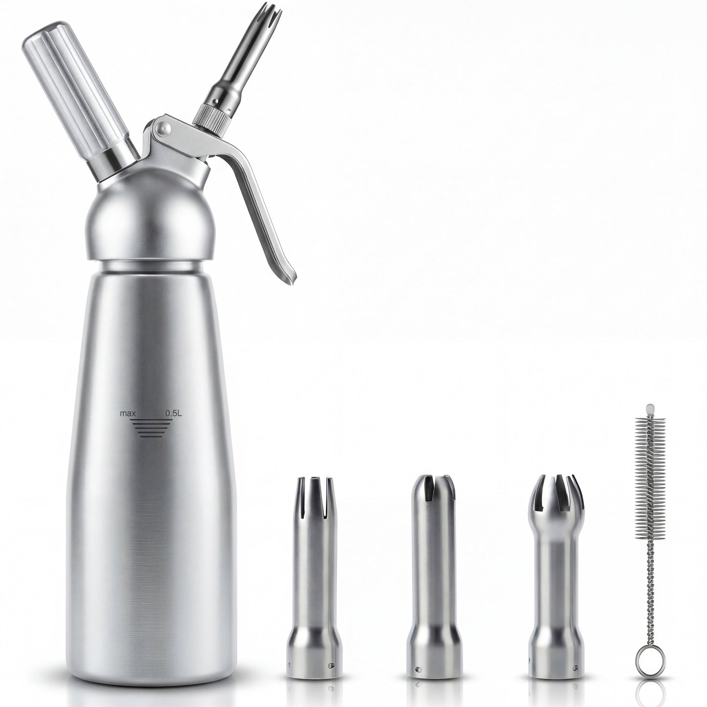 M Buder Whipped Cream Dispenser, Whip Cream Maker 500mL for Desserts Gourmet Cream Whipper with 3 Decorating Nozzles, Cleaning Brush, Silver