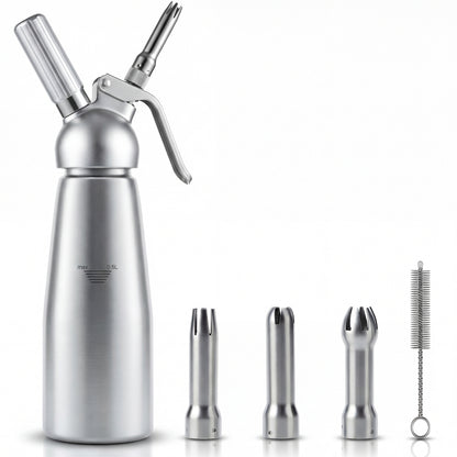 M Buder Whipped Cream Dispenser, Whip Cream Maker 500mL for Desserts Gourmet Cream Whipper with 3 Decorating Nozzles, Cleaning Brush, Silver